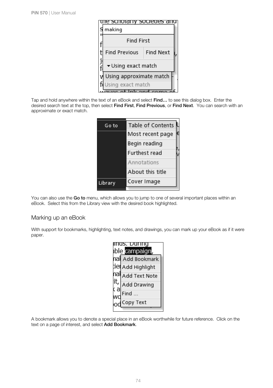 Marking up an ebook | Navman PiN 570 User Manual | Page 74 / 116