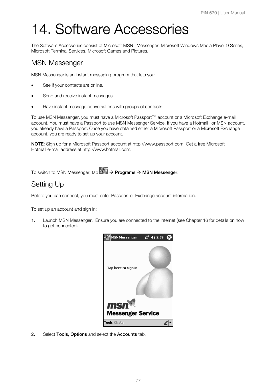 To set up an account and sign in, Software accessories, Msn messenger | Setting up | Navman PiN 570 User Manual | Page 77 / 116
