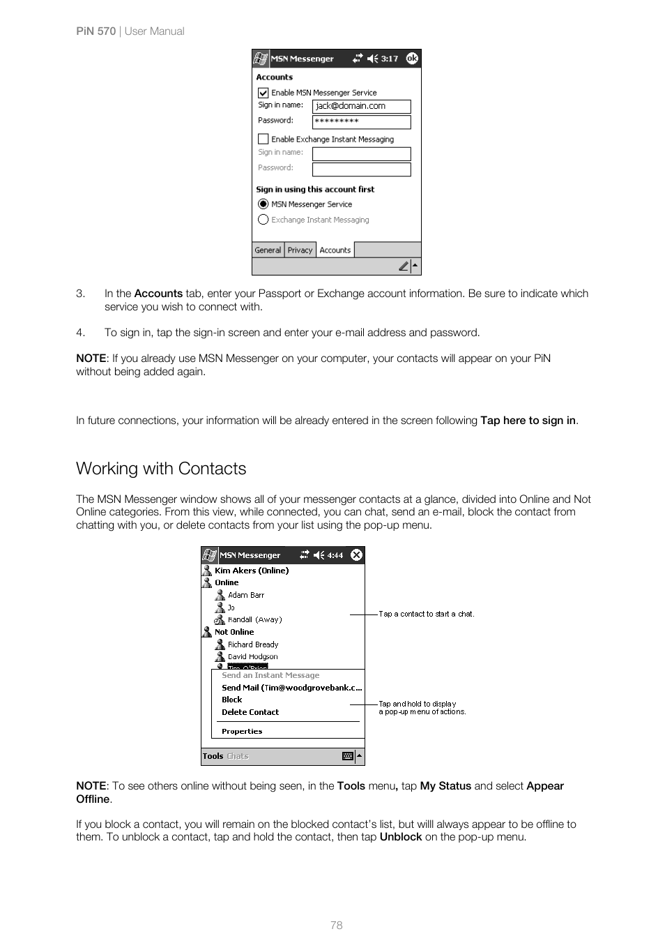 Working with contacts | Navman PiN 570 User Manual | Page 78 / 116