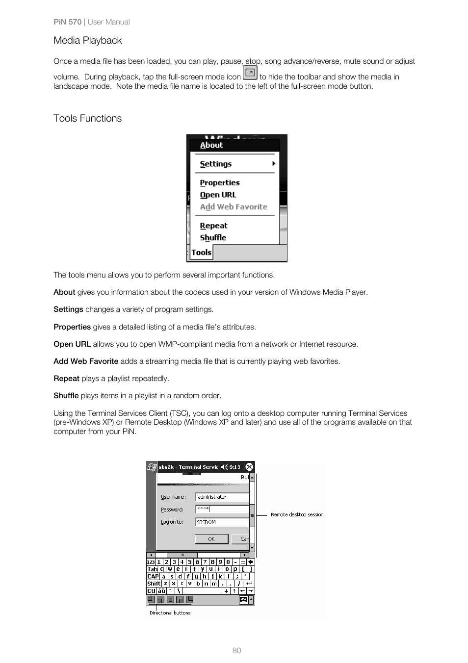 Media playback, Tools functions | Navman PiN 570 User Manual | Page 80 / 116