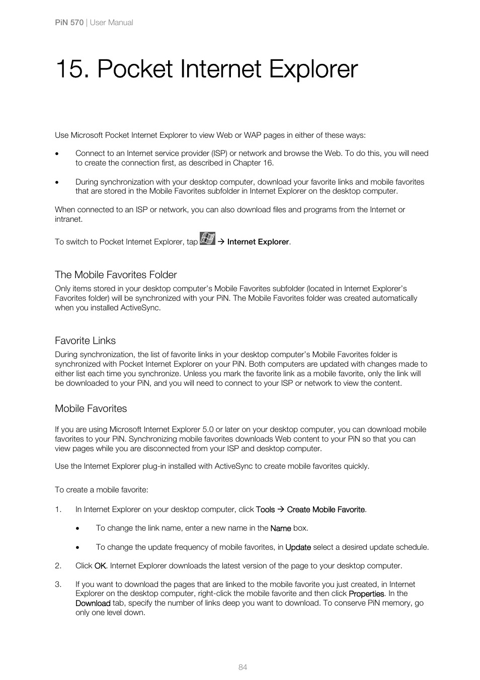 The mobile favorites folder, Favorite links, Mobile favorites | To create a mobile favorite, Pocket internet explorer | Navman PiN 570 User Manual | Page 84 / 116