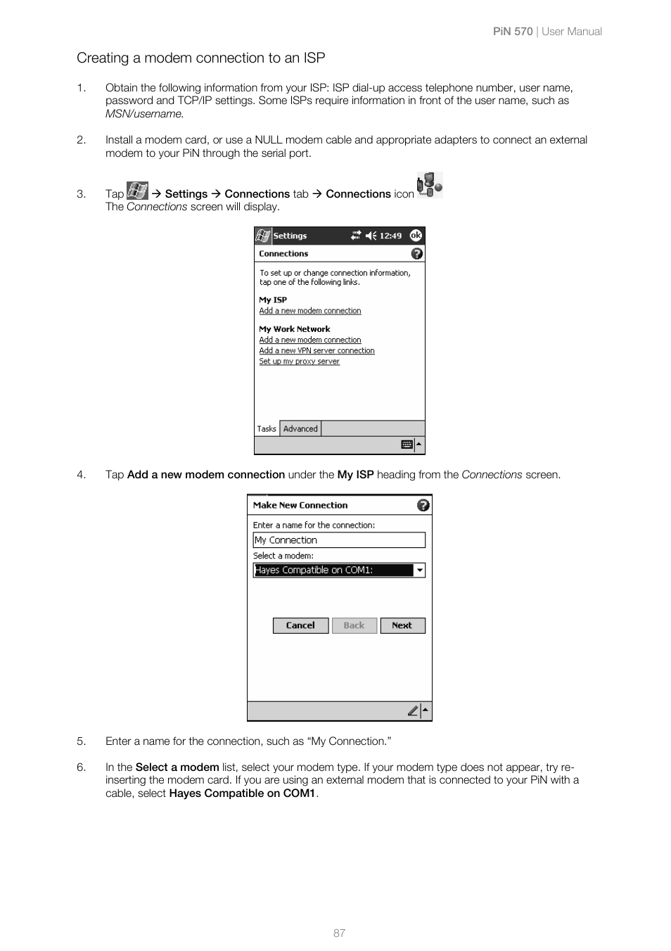 Creating a modem connection to an isp | Navman PiN 570 User Manual | Page 87 / 116