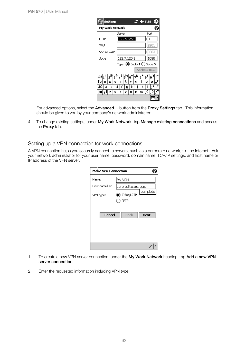 Setting up a vpn connection for work connections | Navman PiN 570 User Manual | Page 92 / 116