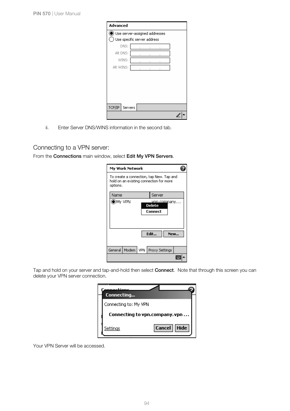 Connecting to a vpn server | Navman PiN 570 User Manual | Page 94 / 116