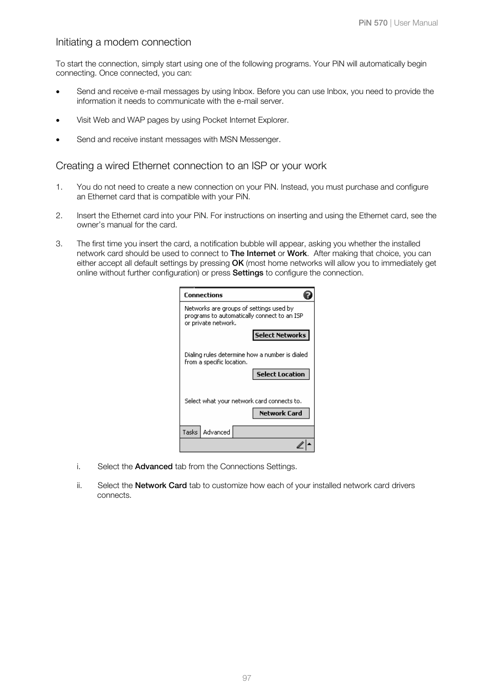 Initiating a modem connection | Navman PiN 570 User Manual | Page 97 / 116