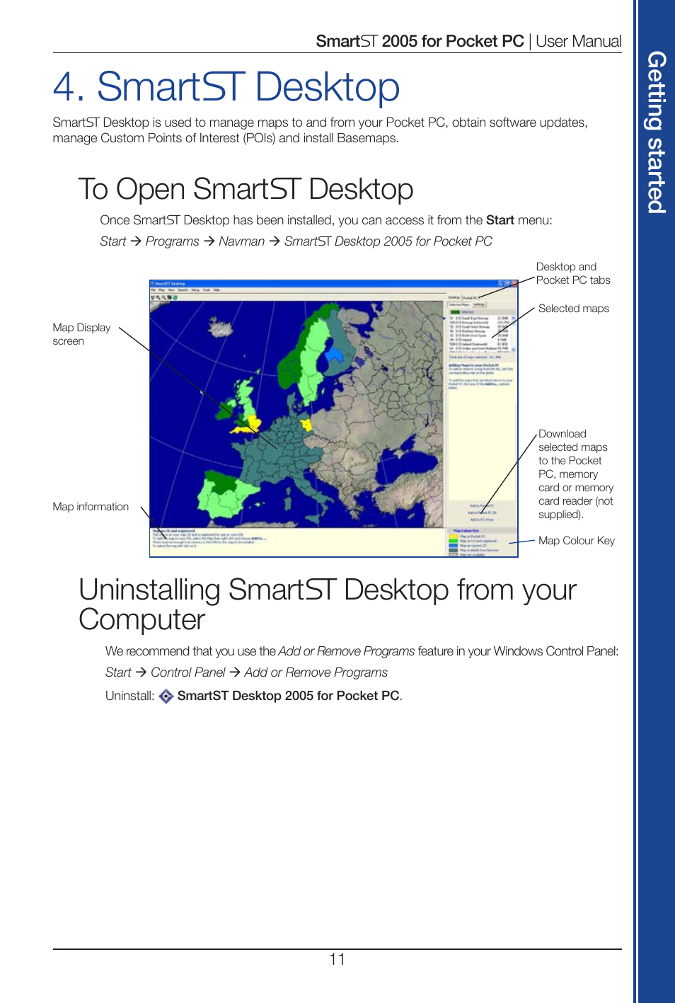 Smart desktop, Uninstalling smart desktop from your computer, Get tin g s ta rte d | Navman Smart 2005 User Manual | Page 11 / 68