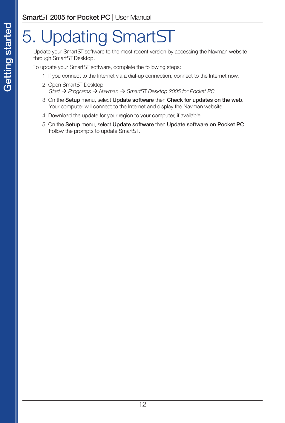 Updating smart, Get tin g st ar te d | Navman Smart 2005 User Manual | Page 12 / 68