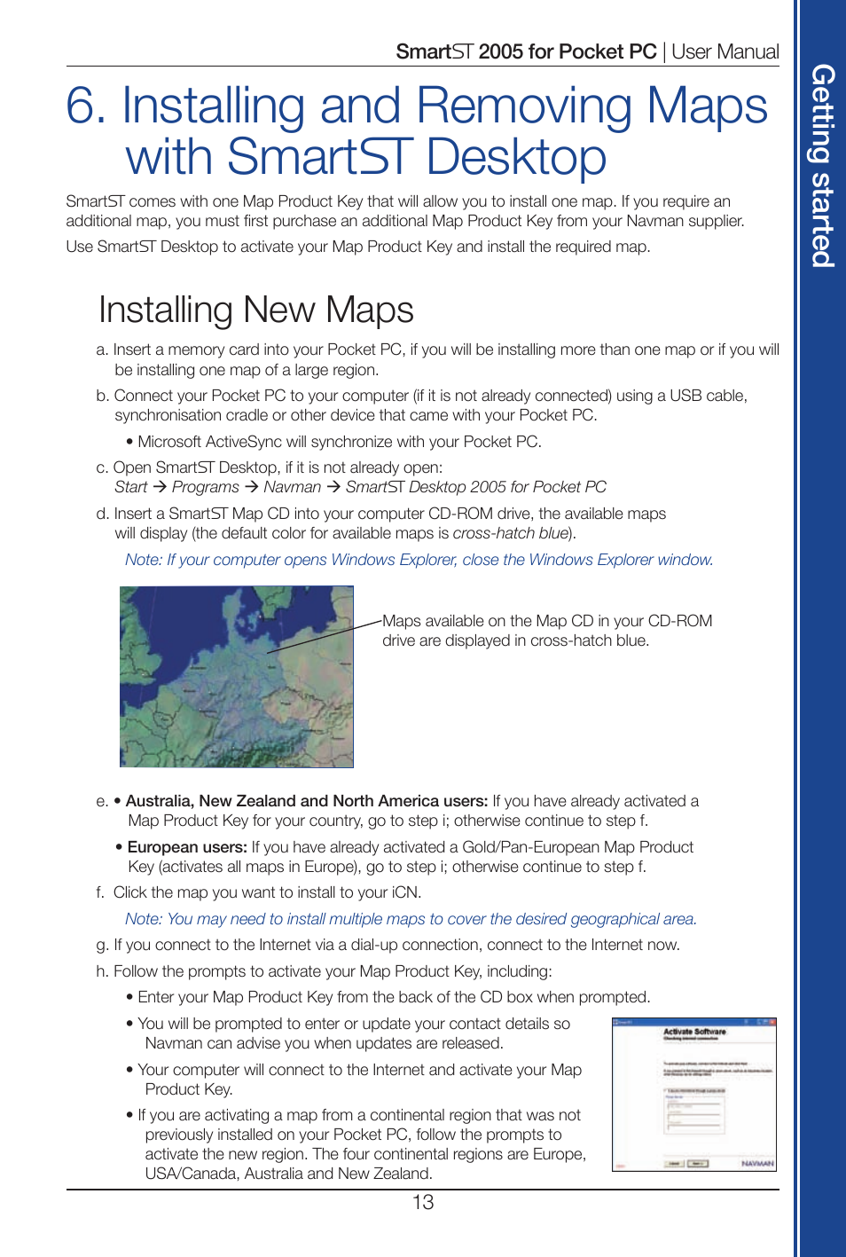 Installing and removing maps with smart desktop, Installing new maps, Get tin g s ta rte d | Navman Smart 2005 User Manual | Page 13 / 68