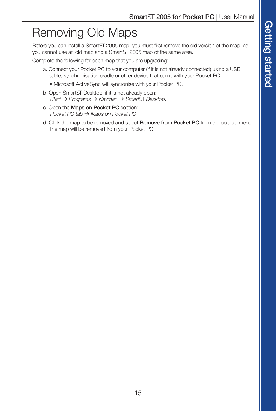 Removing old maps, Get tin g s ta rte d | Navman Smart 2005 User Manual | Page 15 / 68