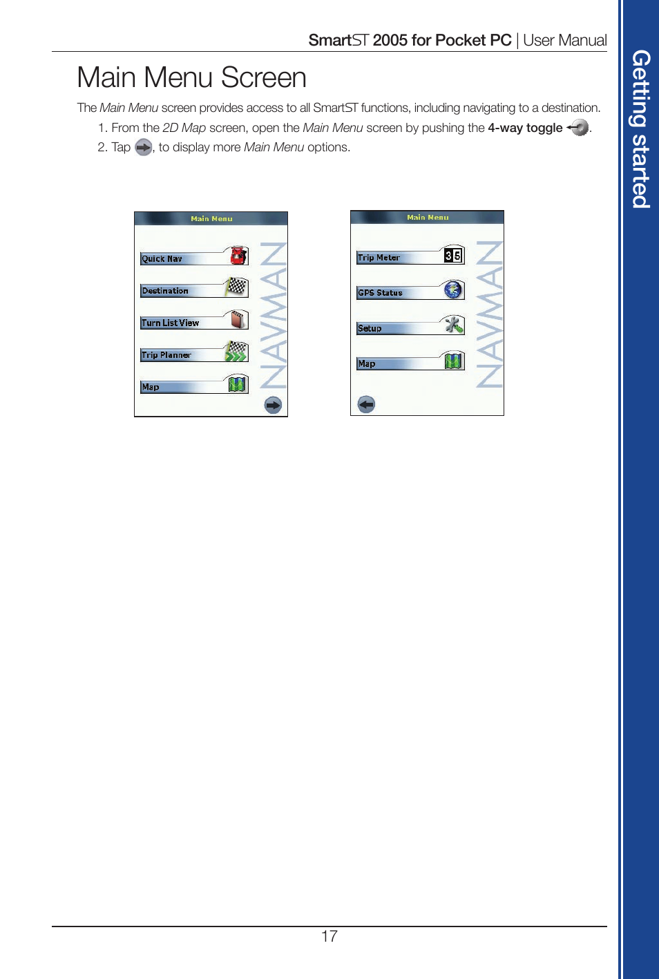 Main menu screen, Get tin g s ta rte d | Navman Smart 2005 User Manual | Page 17 / 68