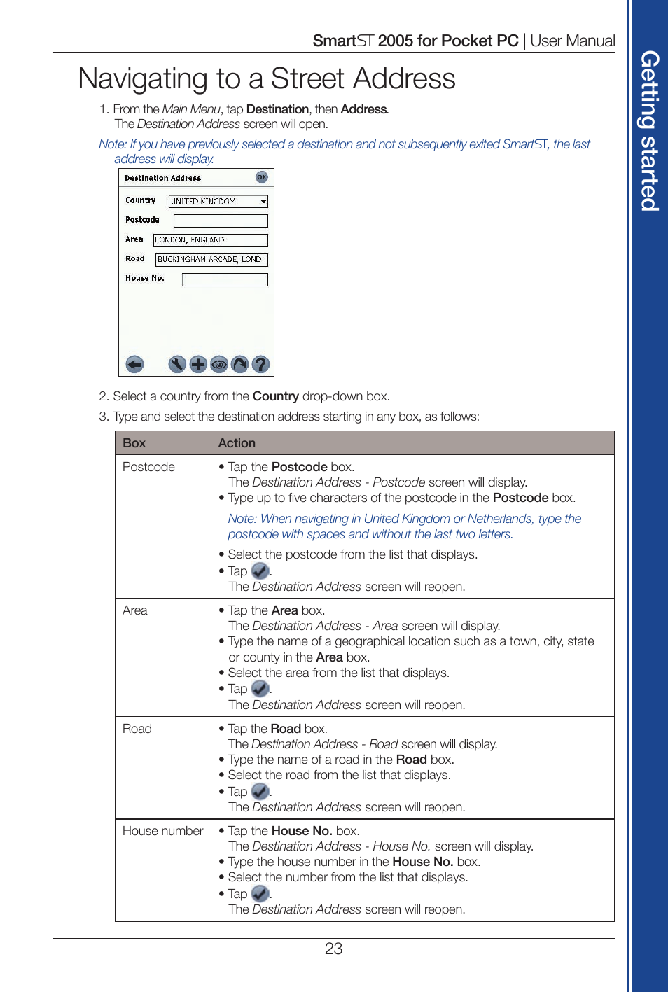 Navigating to a street address, Get tin g s ta rte d | Navman Smart 2005 User Manual | Page 23 / 68