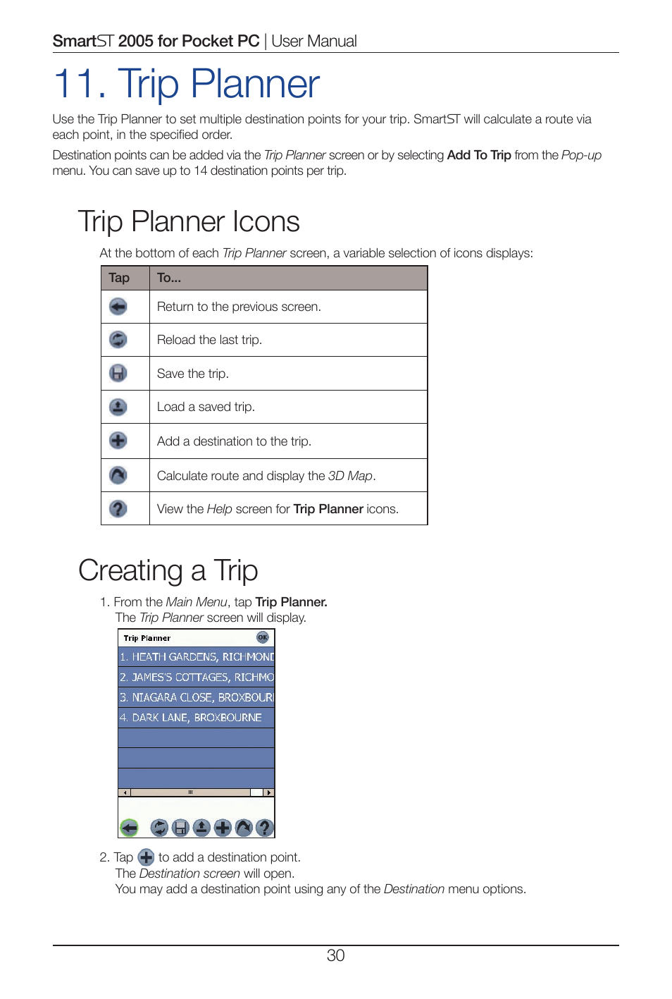 Trip planner, Trip planner icons, Creating a trip | Navman Smart 2005 User Manual | Page 30 / 68