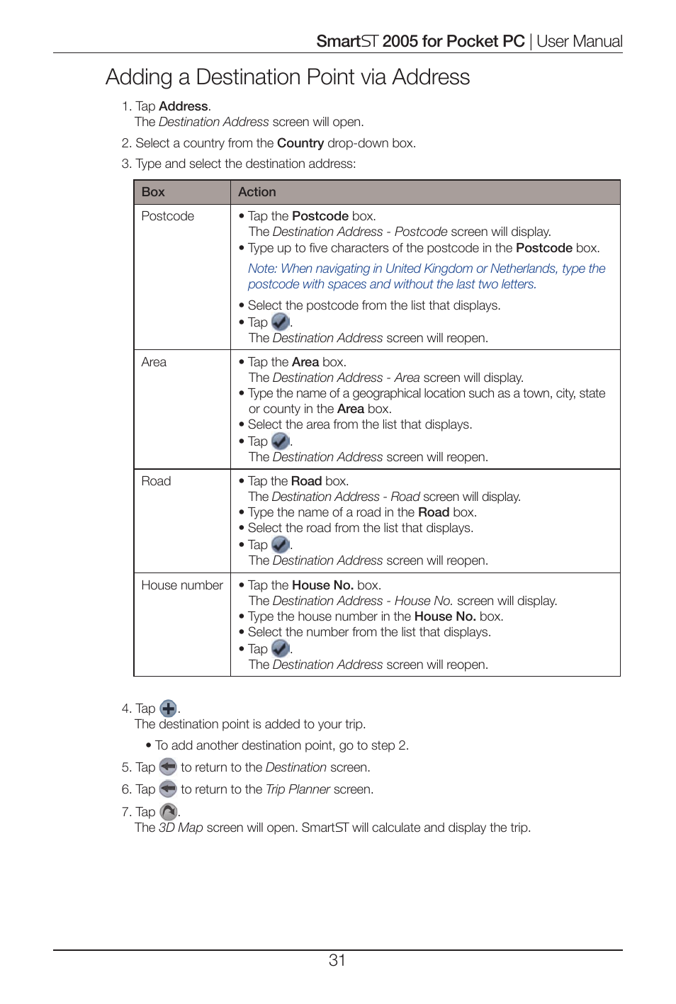 Adding a destination point via address | Navman Smart 2005 User Manual | Page 31 / 68