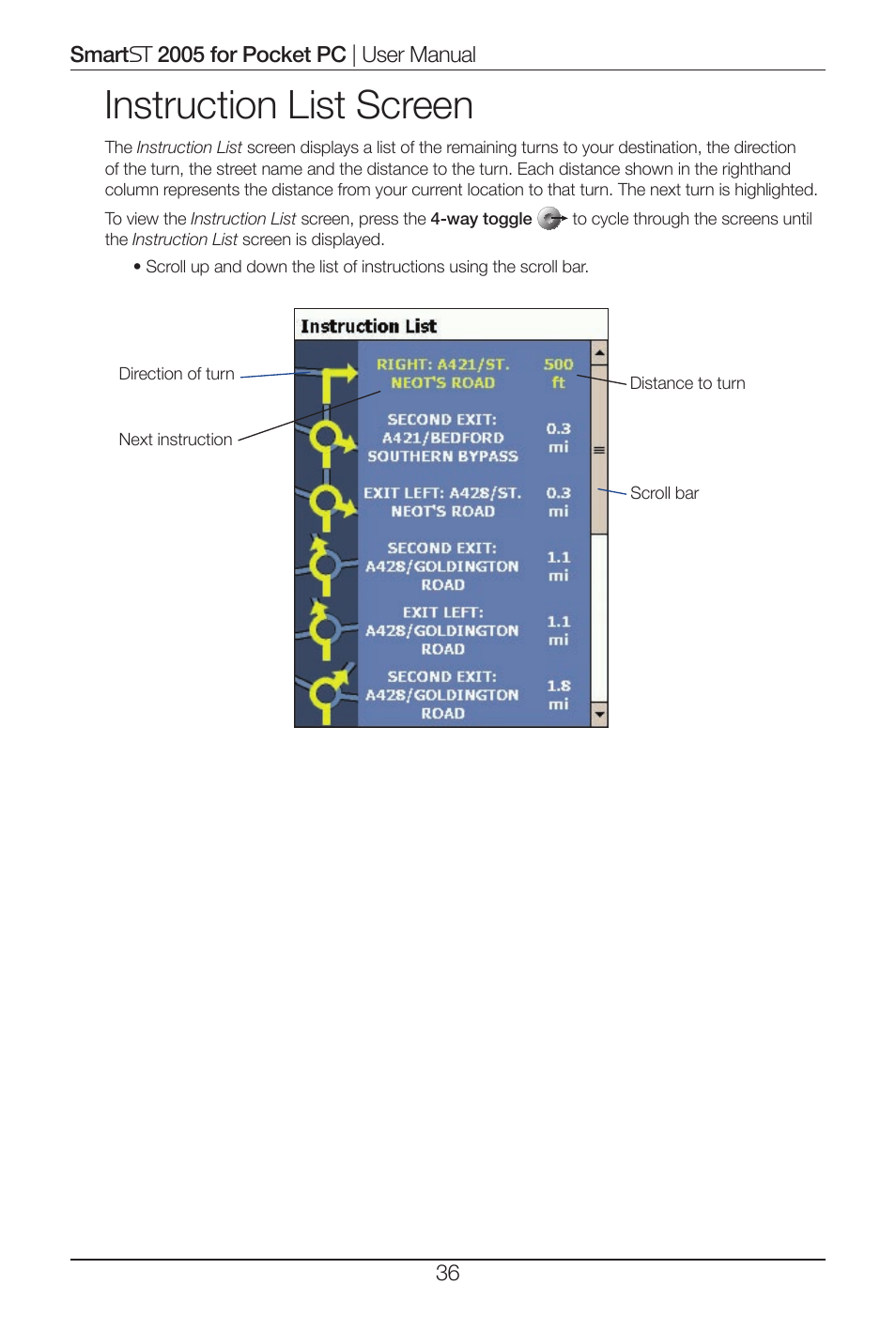 Instruction list screen | Navman Smart 2005 User Manual | Page 36 / 68