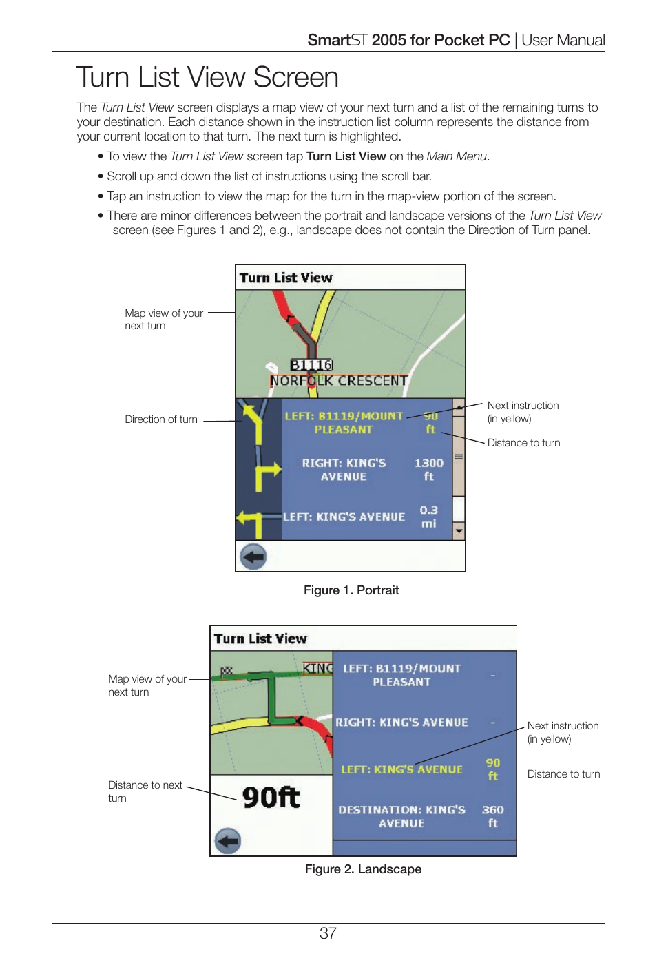 Turn list view screen | Navman Smart 2005 User Manual | Page 37 / 68