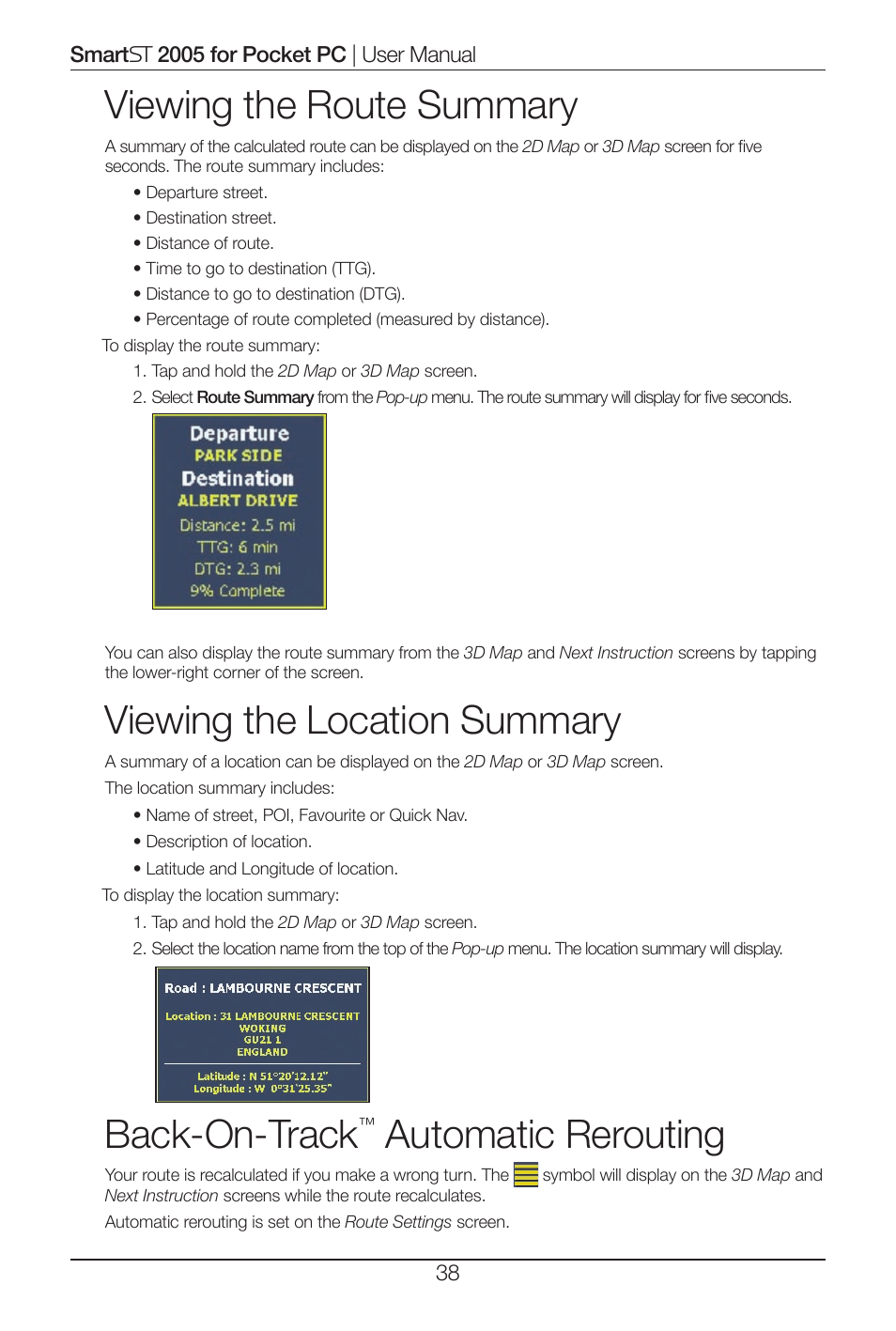 Viewing the route summary, Viewing the location summary, Back-on-track | Automatic rerouting | Navman Smart 2005 User Manual | Page 38 / 68