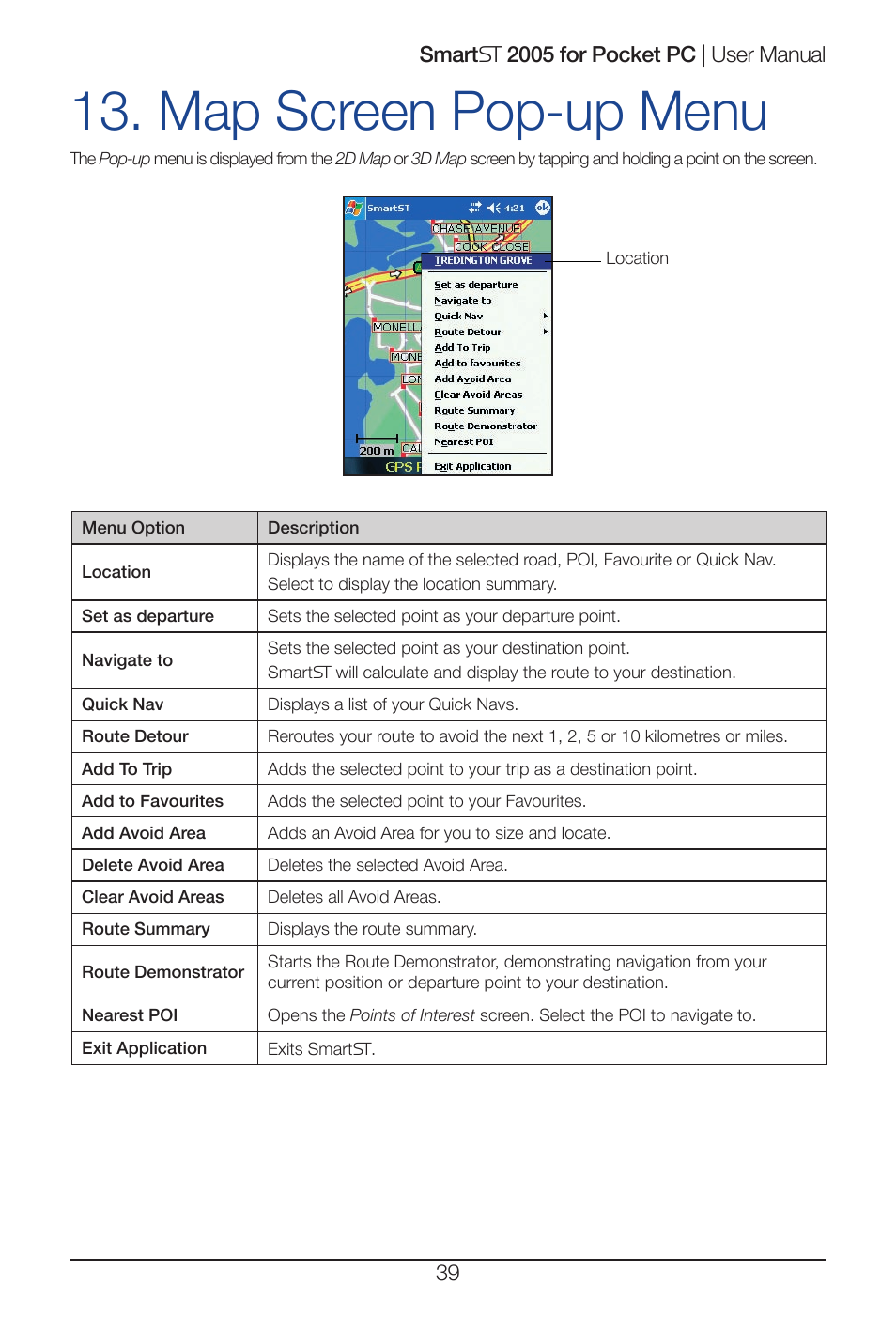 Map screen pop-up menu | Navman Smart 2005 User Manual | Page 39 / 68