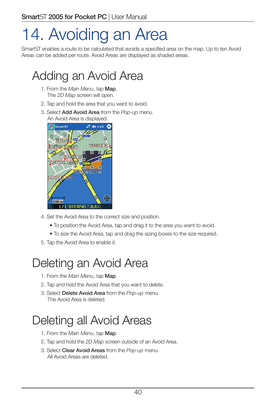 Avoiding an area, Adding an avoid area, Deleting an avoid area | Deleting all avoid areas | Navman Smart 2005 User Manual | Page 40 / 68