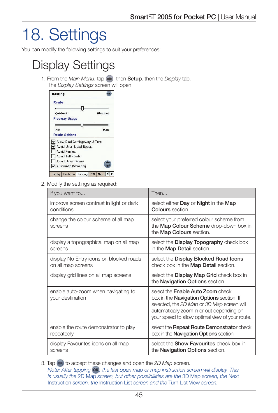 Settings, Display settings | Navman Smart 2005 User Manual | Page 45 / 68