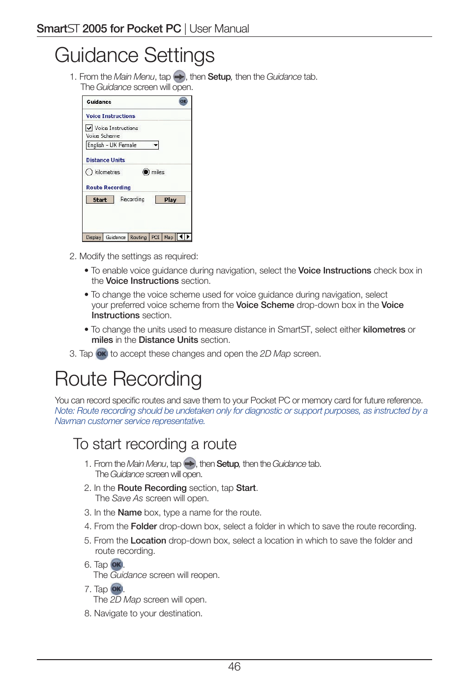 Guidance settings, Route recording | Navman Smart 2005 User Manual | Page 46 / 68