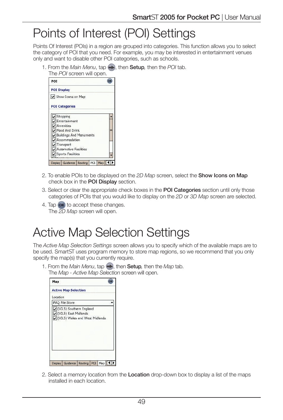 Points of interest (poi) settings, Active map selection settings | Navman Smart 2005 User Manual | Page 49 / 68