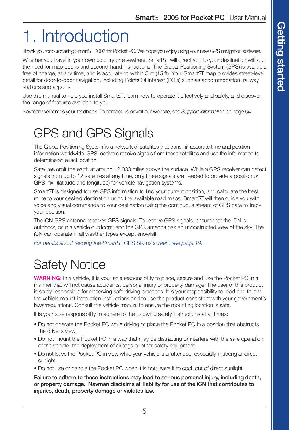 Introduction, Gps and gps signals, Safety notice | Get tin g s ta rte d | Navman Smart 2005 User Manual | Page 5 / 68