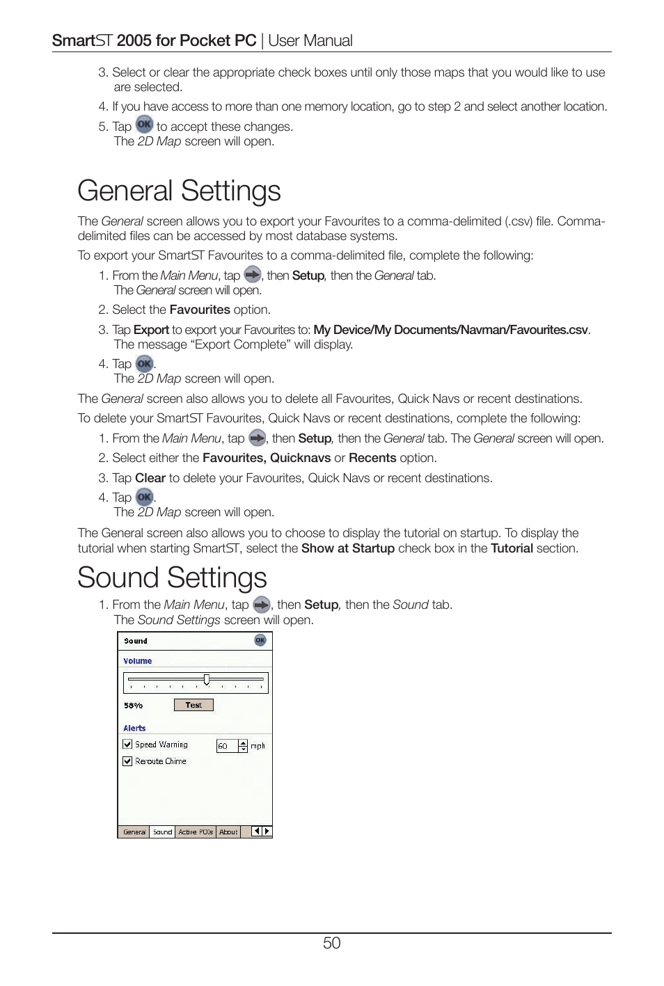 General settings, Sound settings | Navman Smart 2005 User Manual | Page 50 / 68