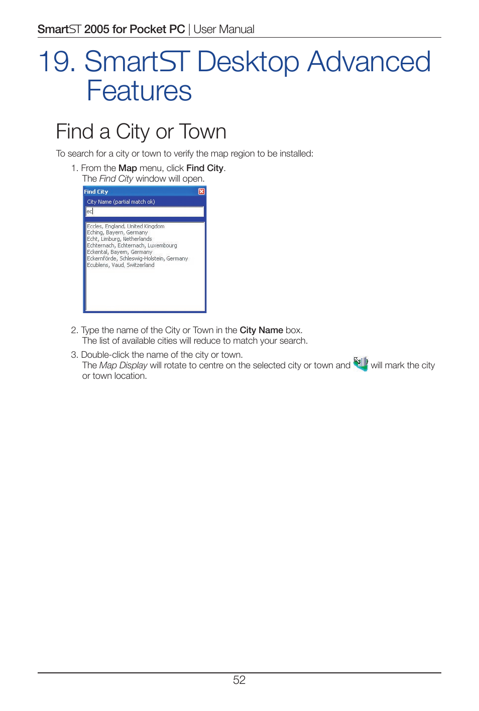 Smart desktop advanced features, Find a city or town | Navman Smart 2005 User Manual | Page 52 / 68
