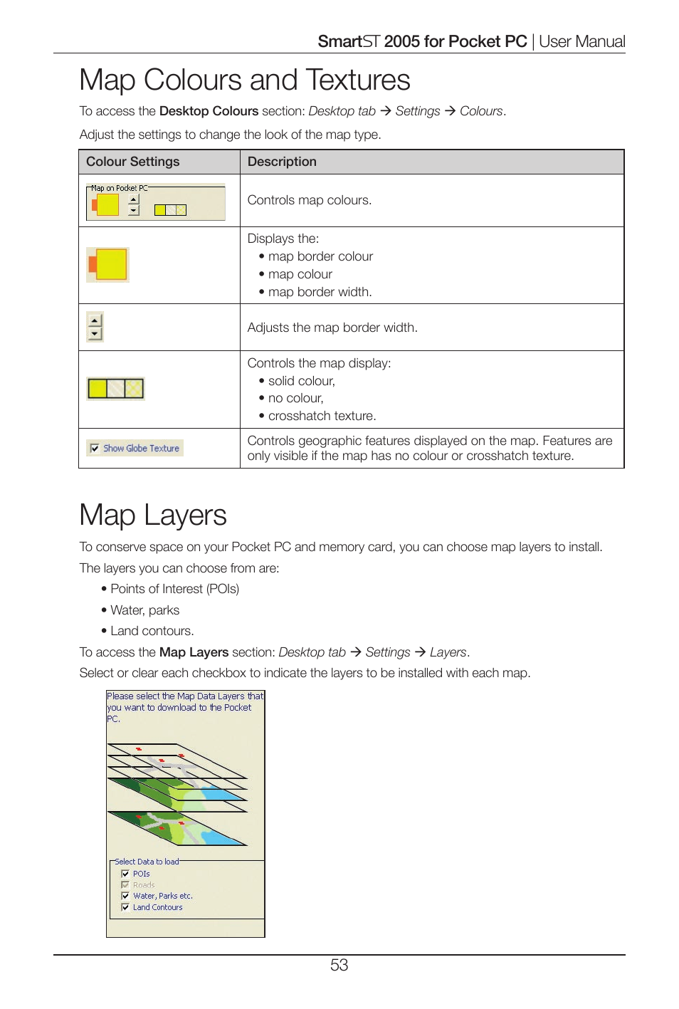 Map colours and textures, Map layers | Navman Smart 2005 User Manual | Page 53 / 68