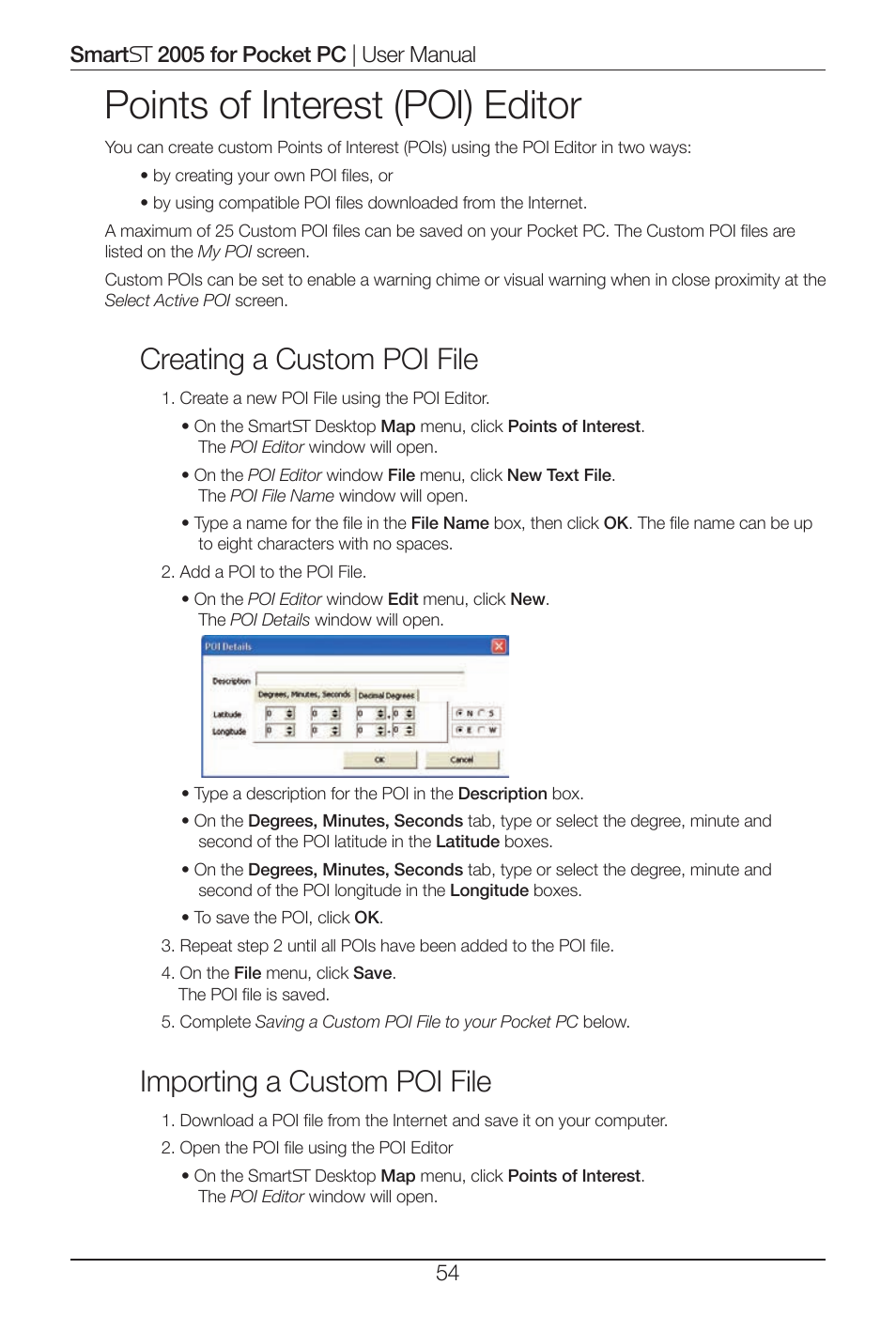 Points of interest (poi) editor, Creating a custom poi file, Importing a custom poi file | Navman Smart 2005 User Manual | Page 54 / 68