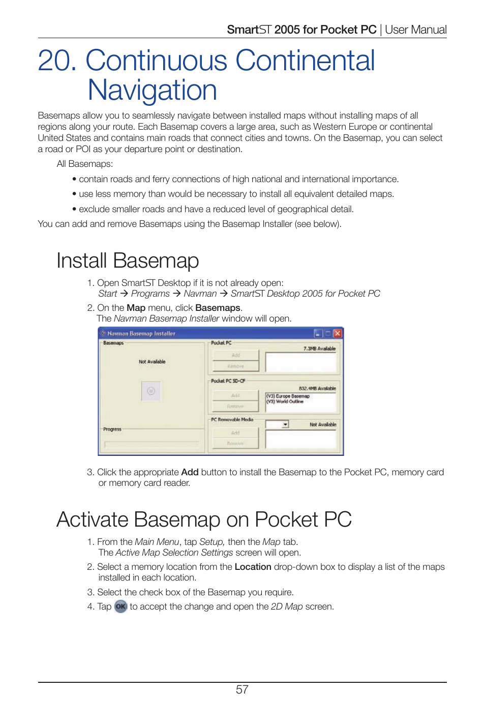 Continuous continental navigation, Install basemap, Activate basemap on pocket pc | Navman Smart 2005 User Manual | Page 57 / 68