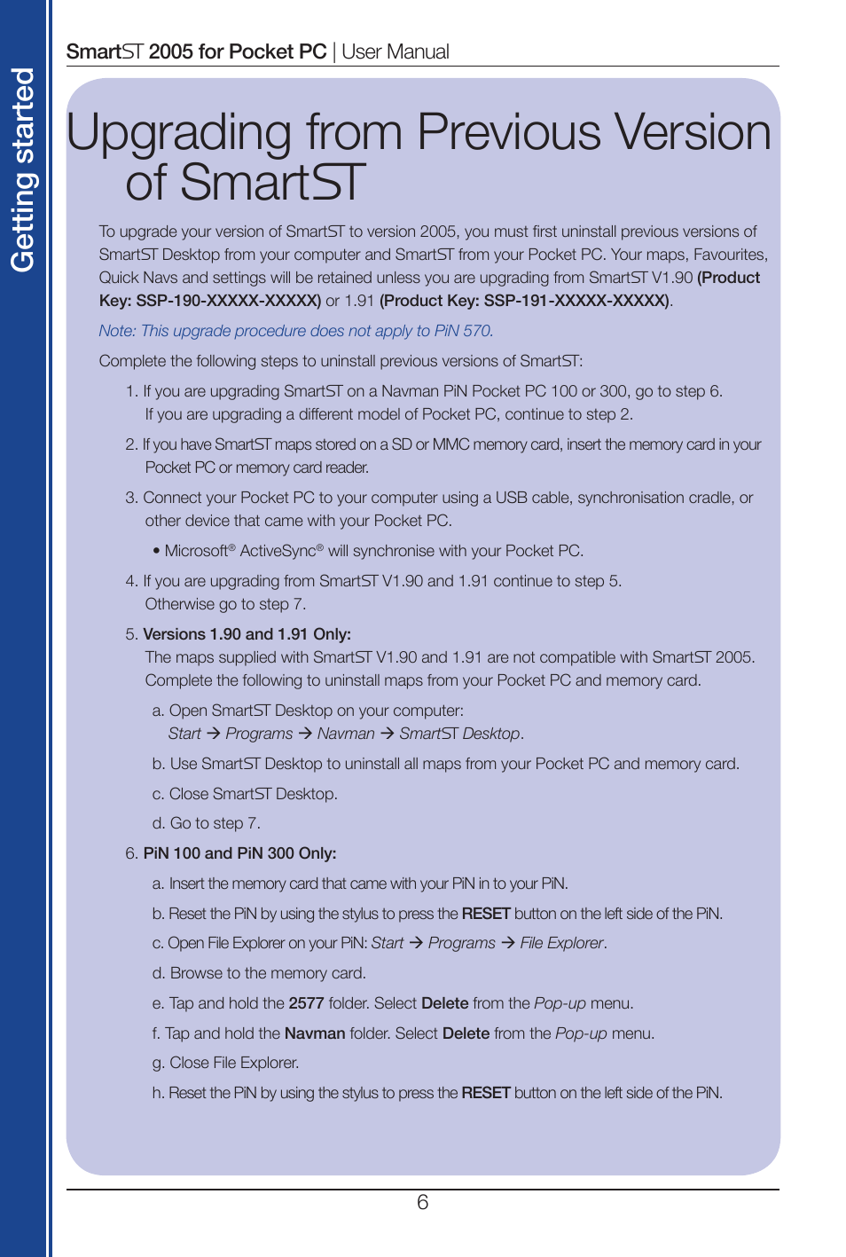 Upgrading from previous version of smart, Get tin g st ar te d | Navman Smart 2005 User Manual | Page 6 / 68