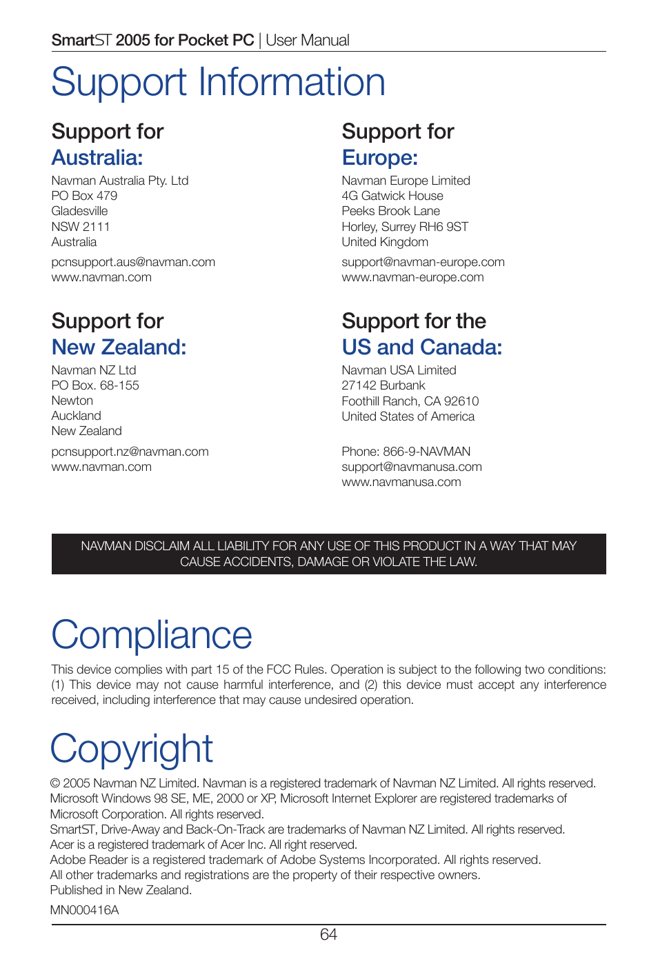 Copyright, Support information, Compliance | Navman Smart 2005 User Manual | Page 64 / 68