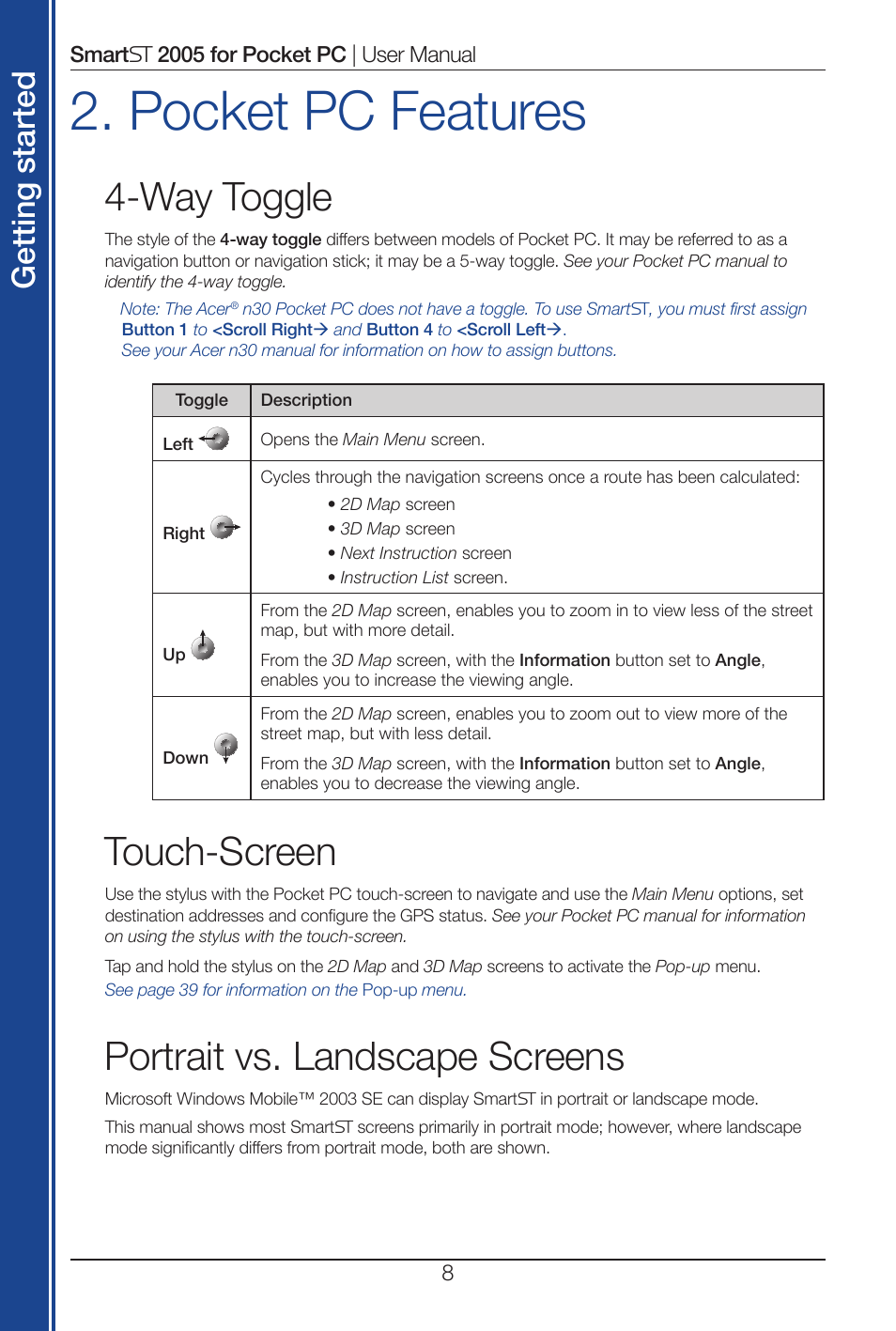 Pocket pc features, Way toggle, Touch-screen | Portrait vs. landscape screens, Get tin g st ar te d | Navman Smart 2005 User Manual | Page 8 / 68