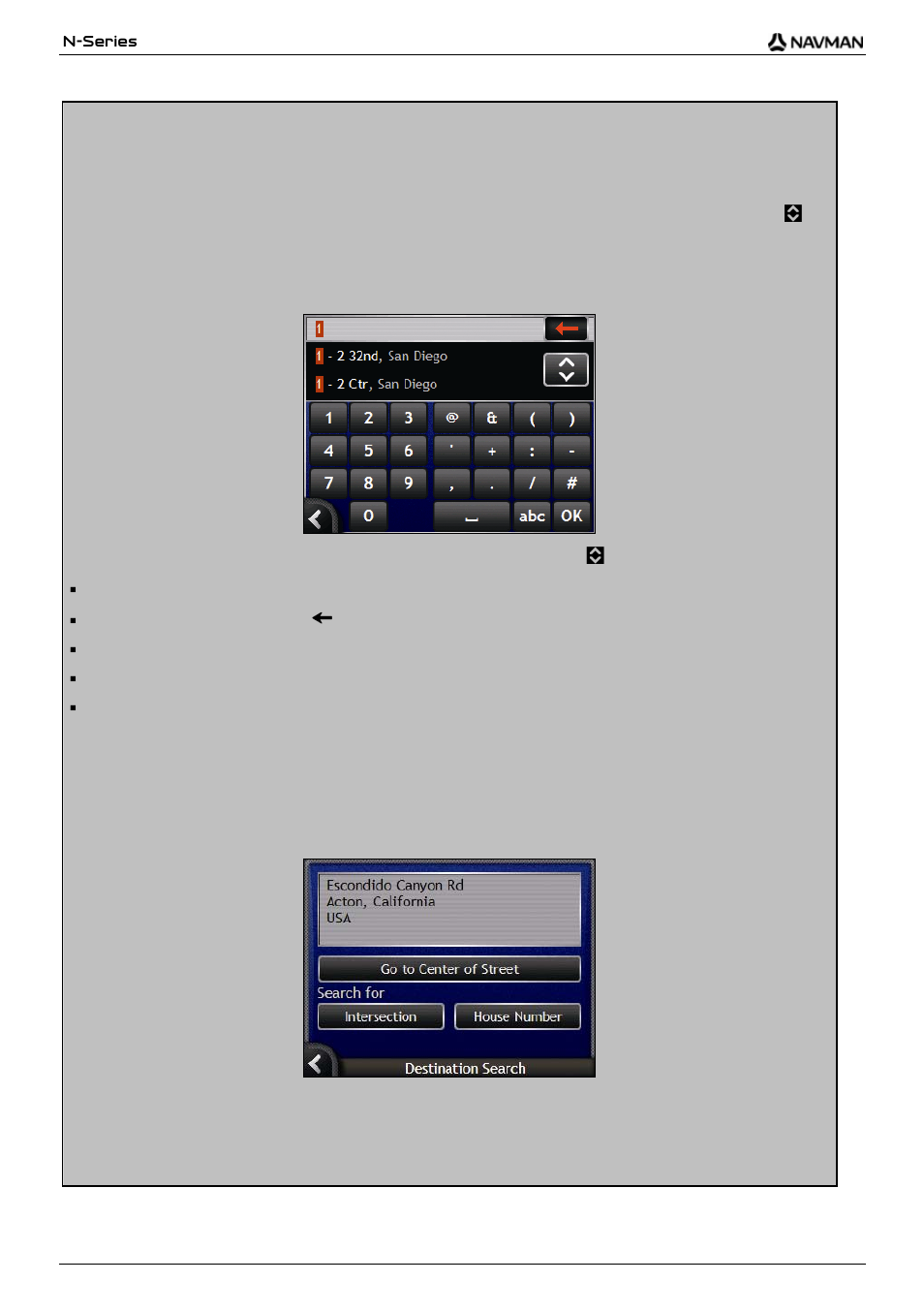 Using the keyboard screen, Using the destination search screen | Navman N-Series User Manual | Page 28 / 144