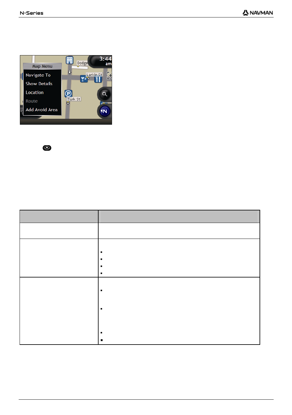 How do i use the map menu, Displaying the map menu, Map menu options | Menu option description | Navman N-Series User Manual | Page 70 / 144