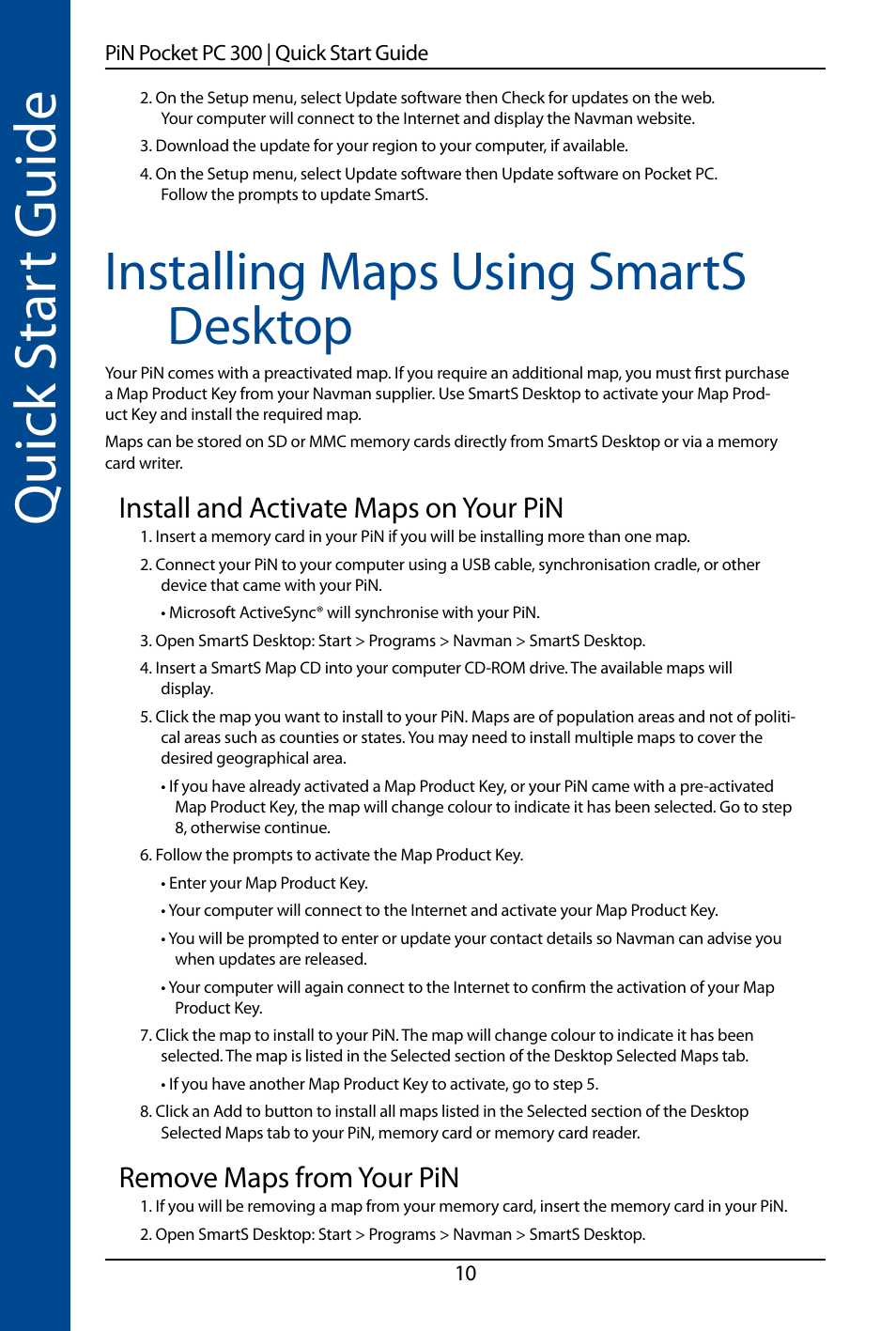 Quick s ta rt guide, Installing maps using smarts desktop, Install and activate maps on your pin | Remove maps from your pin | Navman SmartS TM User Manual | Page 10 / 69