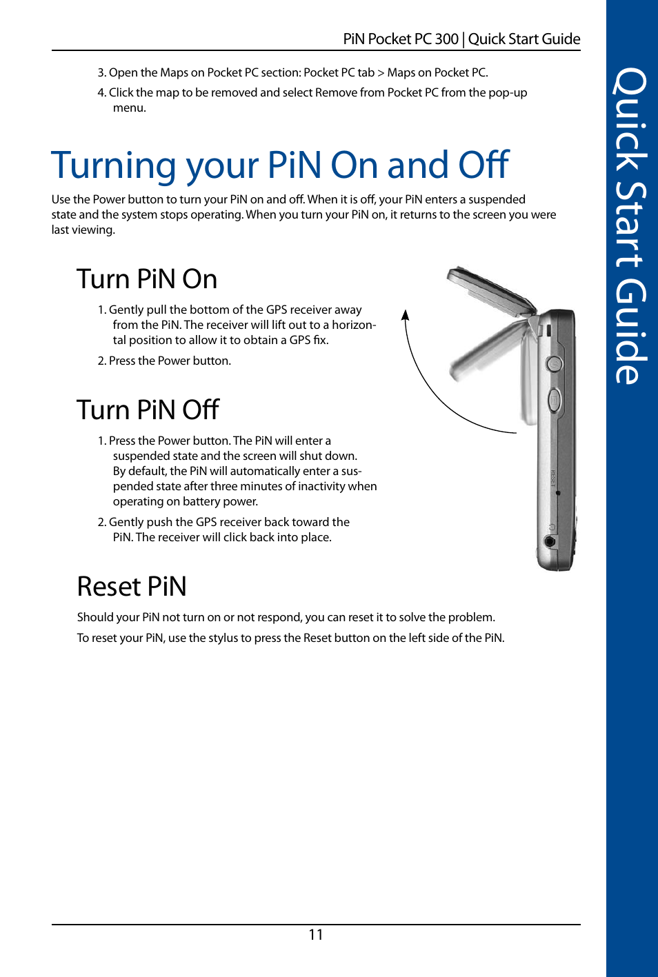 Quick s ta rt guide, Turning your pin on and off, Turn pin on | Turn pin off, Reset pin | Navman SmartS TM User Manual | Page 11 / 69