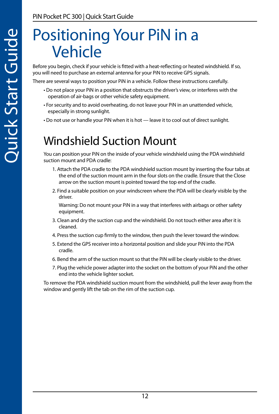 Quick s ta rt guide, Positioning your pin in a vehicle, Windshield suction mount | Navman SmartS TM User Manual | Page 12 / 69