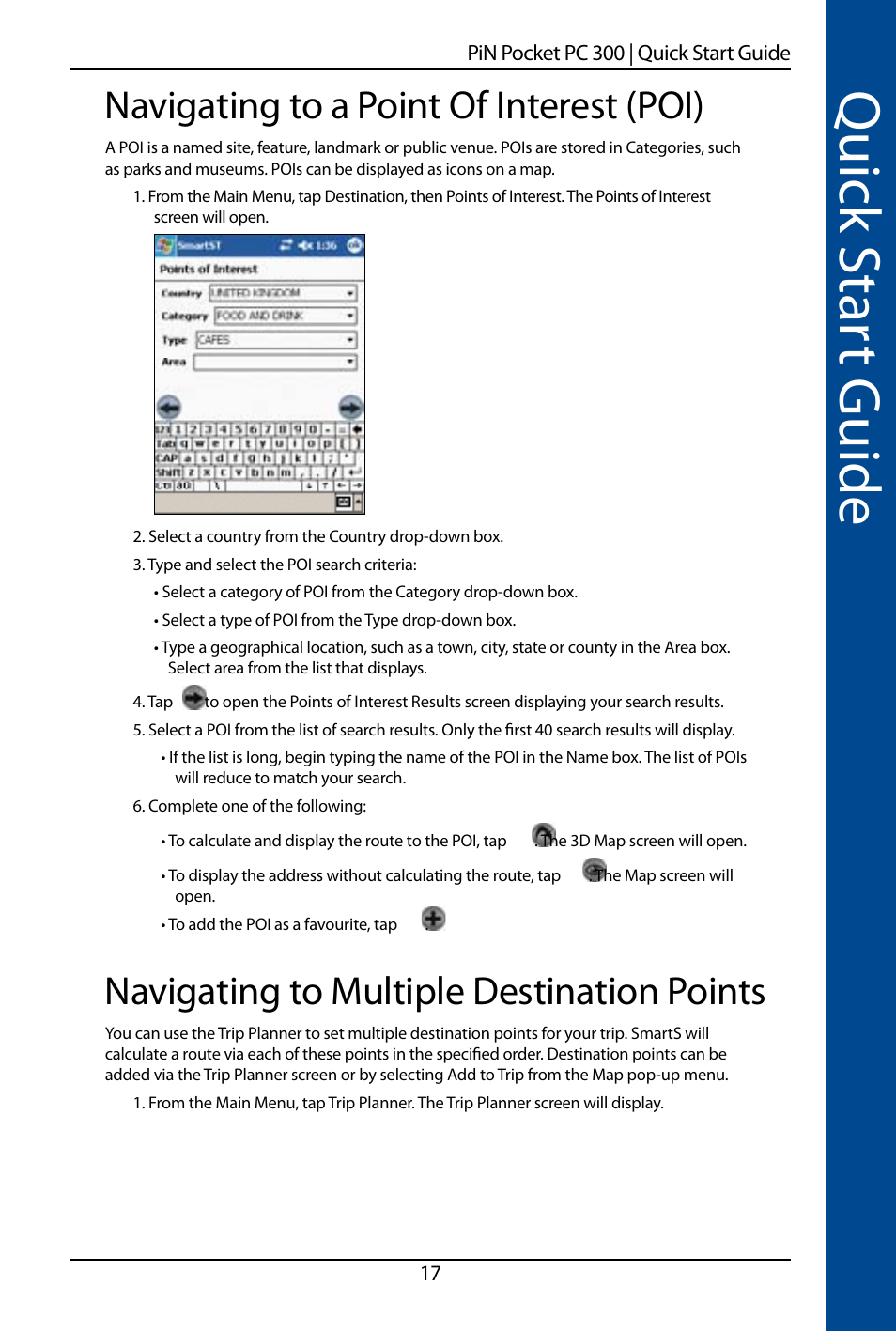 Quick s ta rt guide, Navigating to a point of interest (poi), Navigating to multiple destination points | Navman SmartS TM User Manual | Page 17 / 69