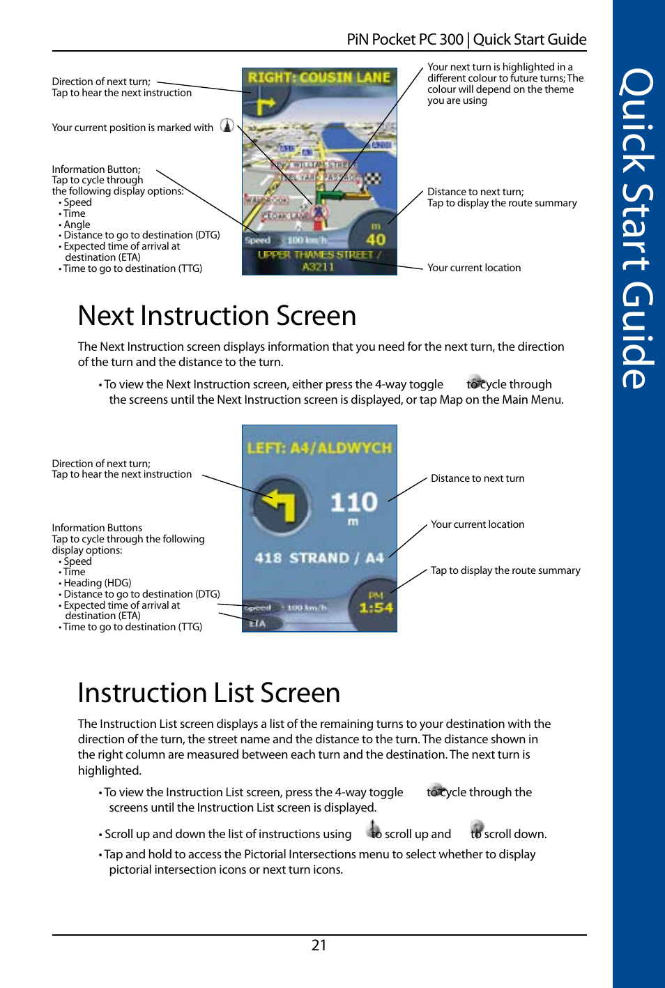 Quick s ta rt guide, Next instruction screen, Instruction list screen | Navman SmartS TM User Manual | Page 21 / 69