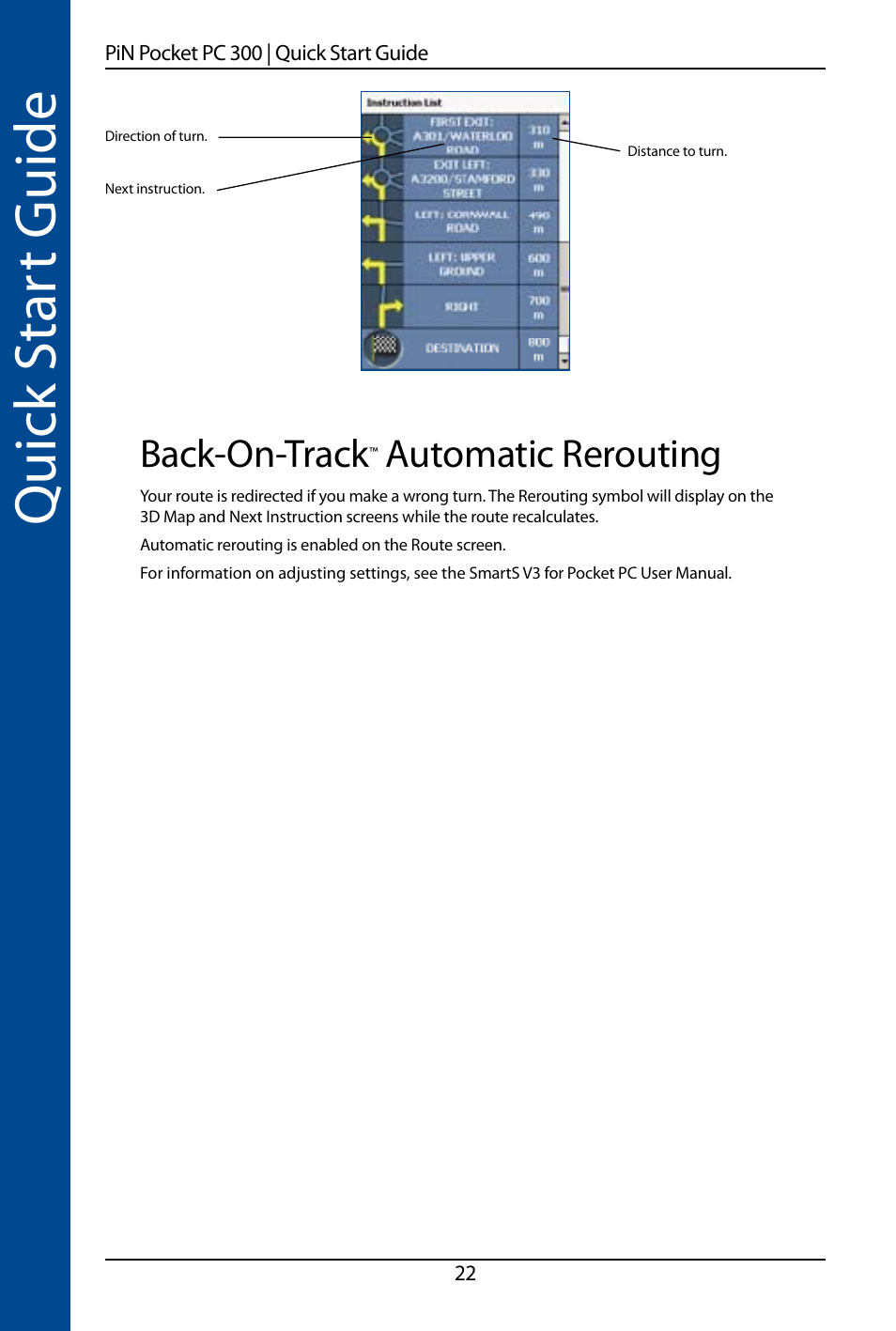 Quick s ta rt guide, Back-on-track, Automatic rerouting | Navman SmartS TM User Manual | Page 22 / 69