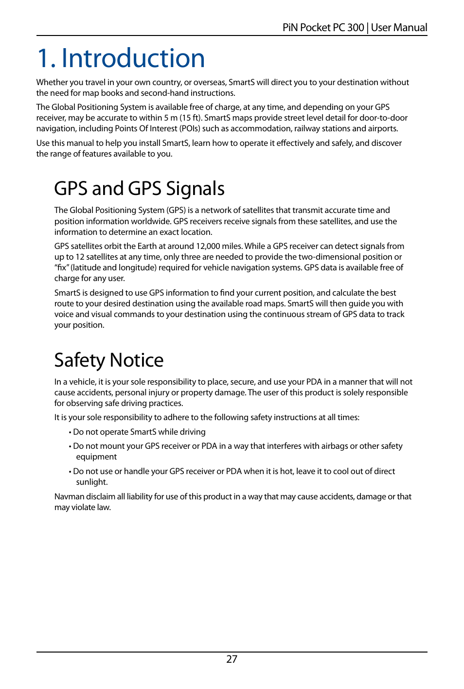 Introduction, Gps and gps signals, Safety notice | Navman SmartS TM User Manual | Page 27 / 69