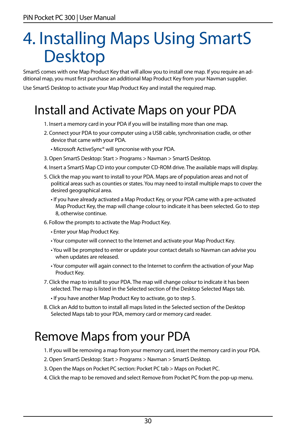 Installing maps using smarts desktop, Install and activate maps on your pda, Remove maps from your pda | Navman SmartS TM User Manual | Page 30 / 69