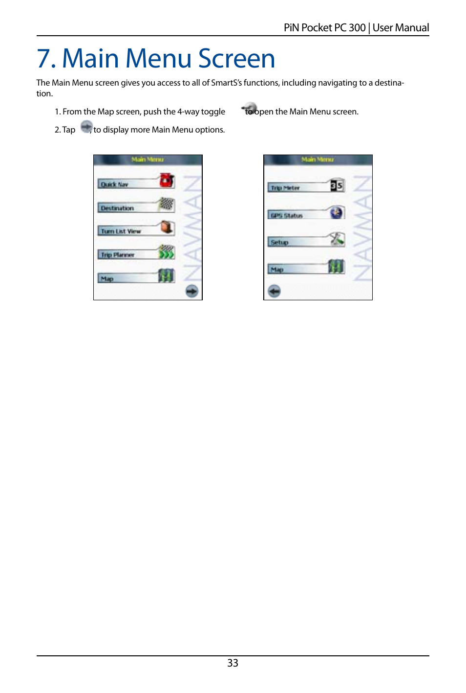 Main menu screen | Navman SmartS TM User Manual | Page 33 / 69