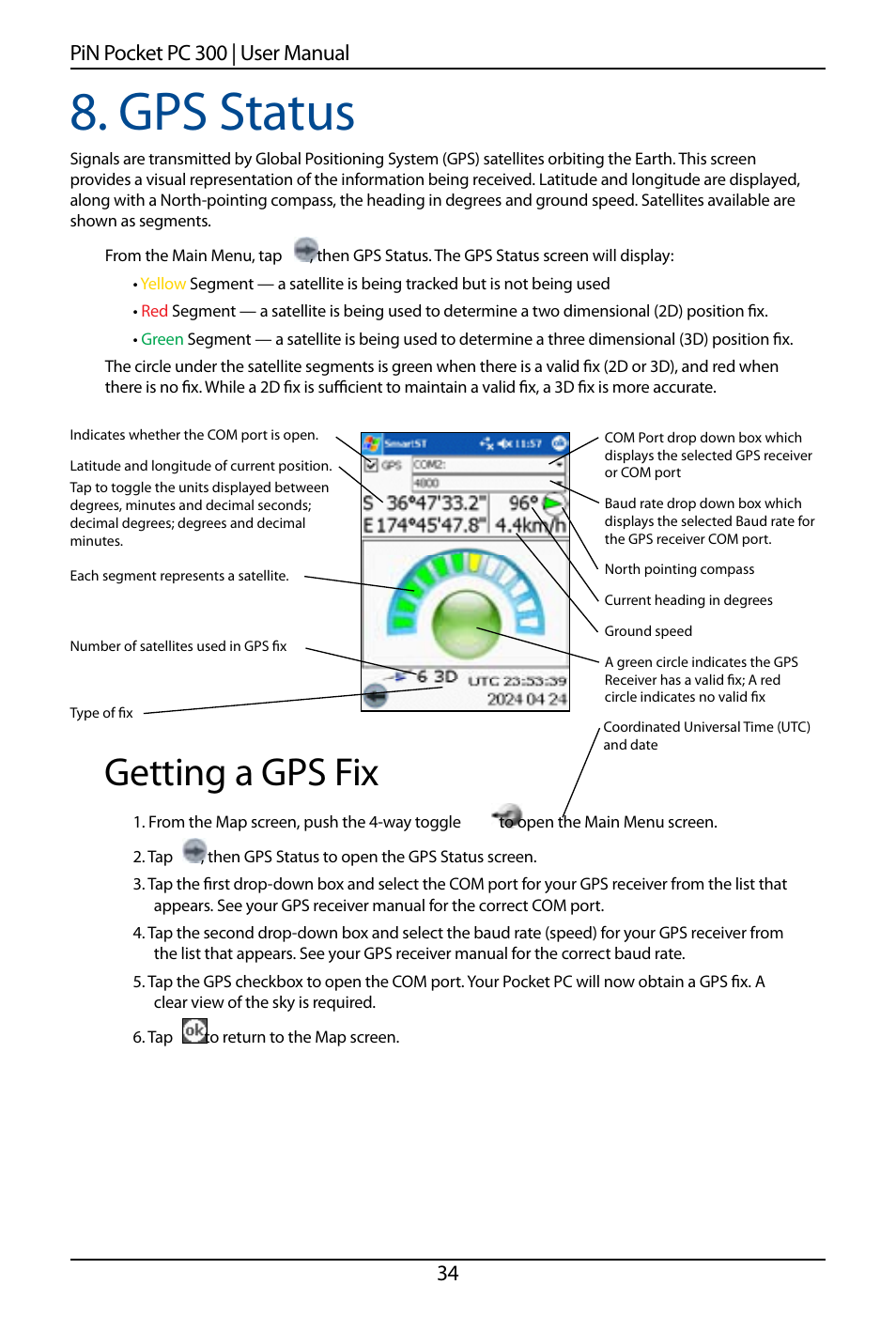 Gps status, Getting a gps fix, 4 pin pocket pc 00 | user manual | Navman SmartS TM User Manual | Page 34 / 69