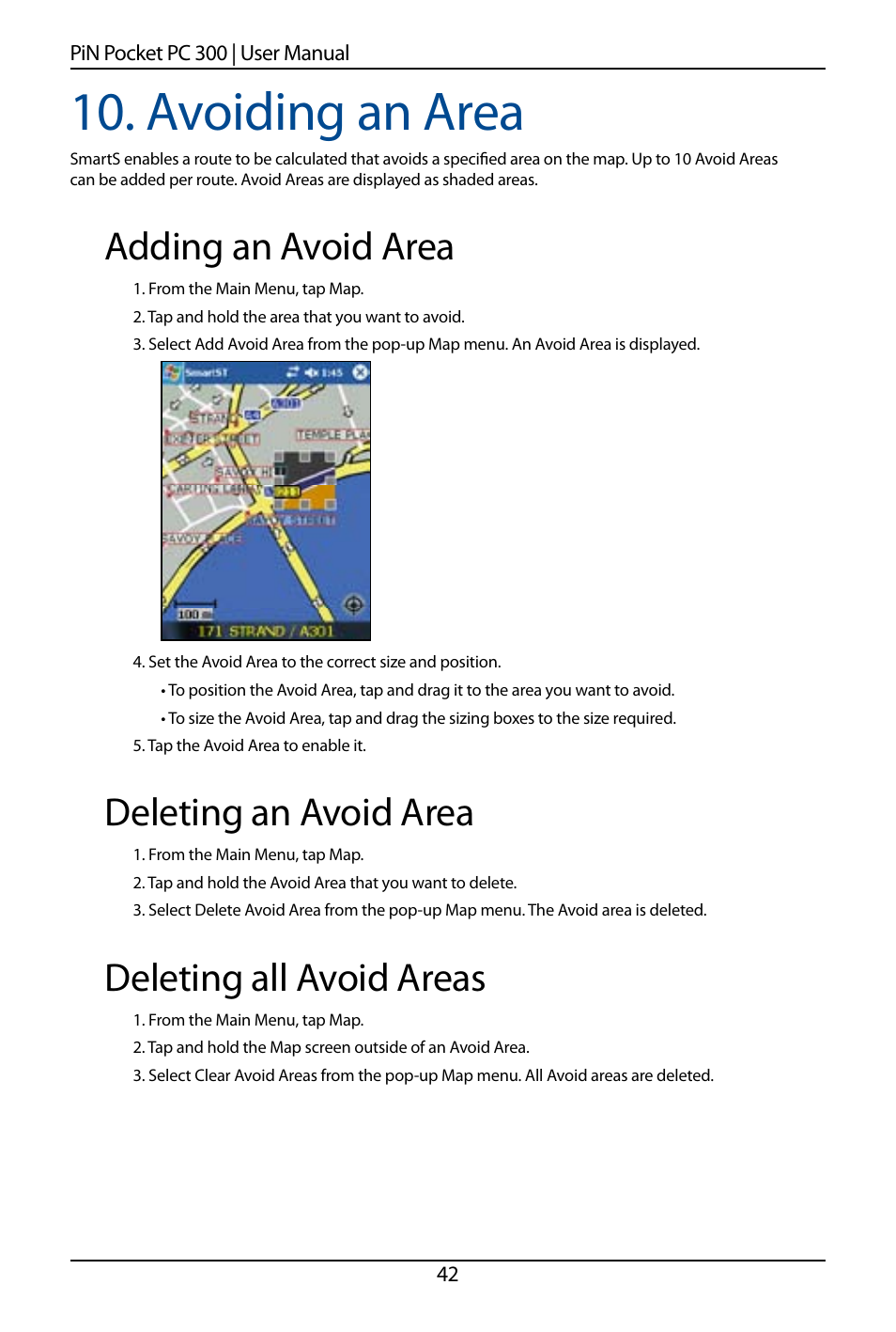 Avoiding an area, Adding an avoid area, Deleting an avoid area | Deleting all avoid areas | Navman SmartS TM User Manual | Page 42 / 69