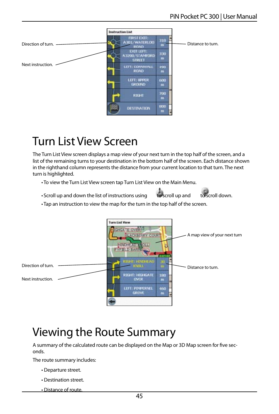 Turn list view screen, Viewing the route summary, 45 pin pocket pc 00 | user manual | Navman SmartS TM User Manual | Page 45 / 69