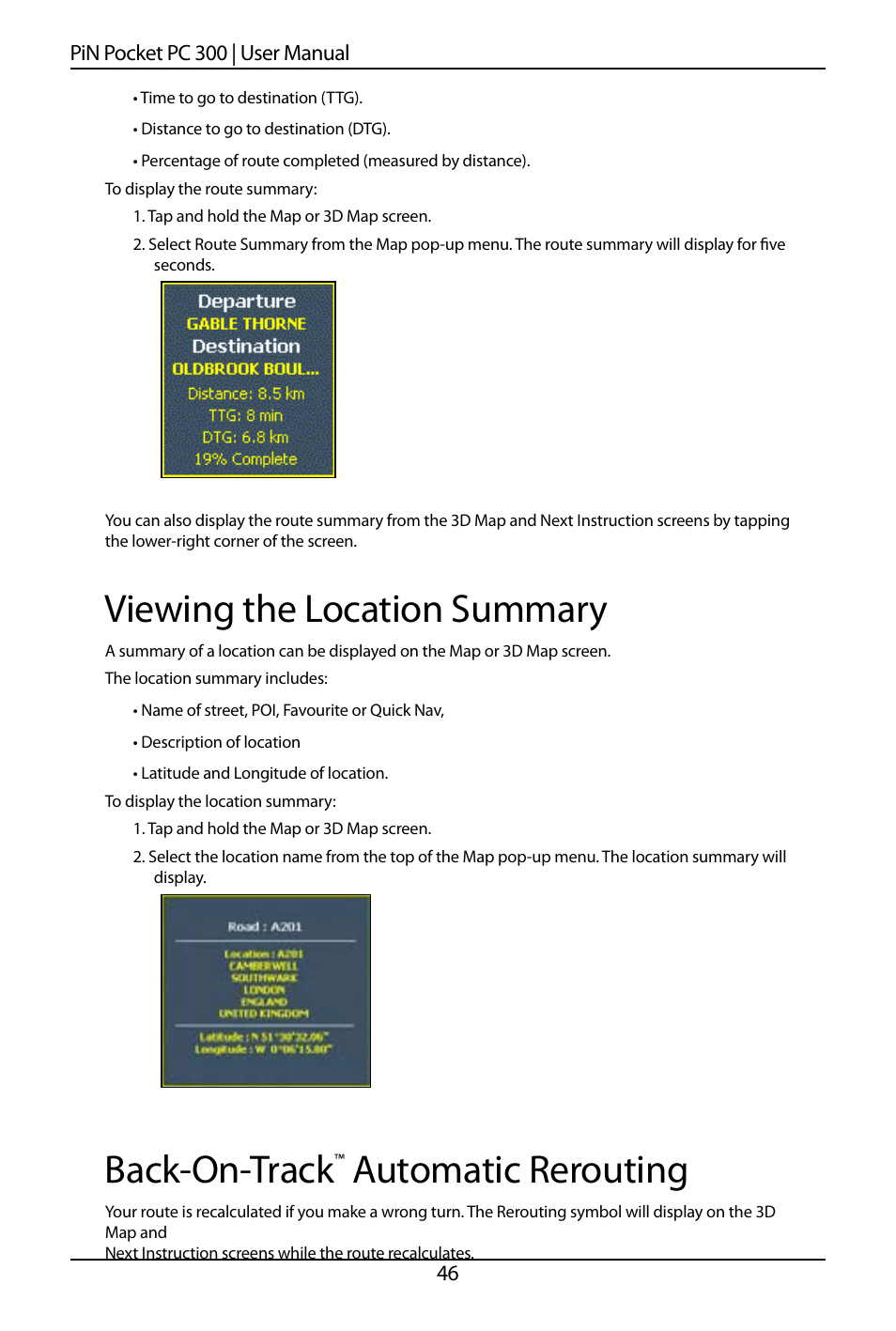 Viewing the location summary, Back-on-track, Automatic rerouting | Navman SmartS TM User Manual | Page 46 / 69