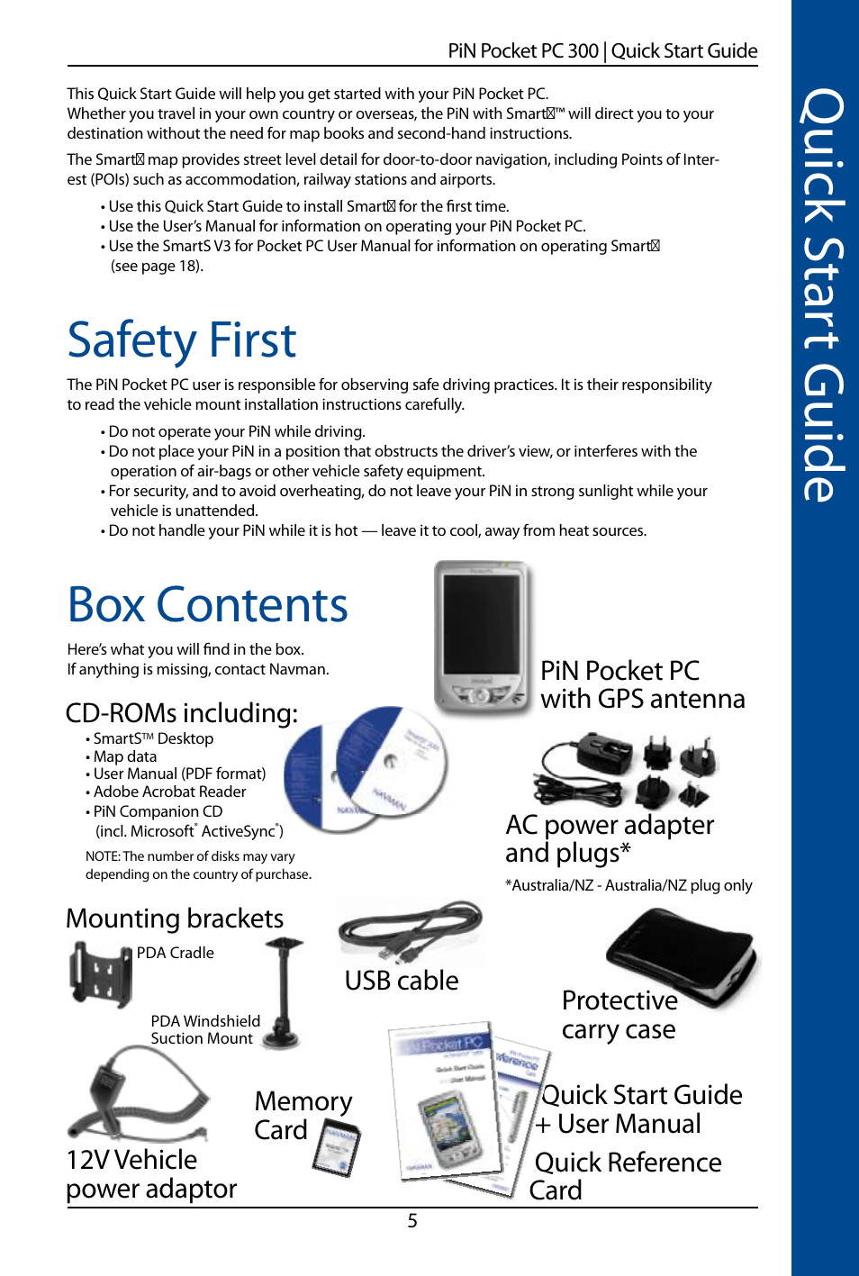 Quick s ta rt guide, Safety first, Box contents | Protective carry case | Navman SmartS TM User Manual | Page 5 / 69
